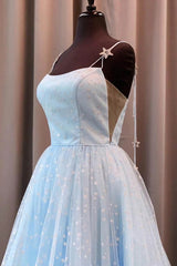 Evening Dress Gold, Beautiful Sky Blue Tulle Star A-line Long Prom Dress, Formal Dresses,maxi dresses