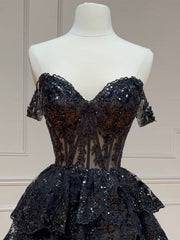 Formal Dresses For Wedding, Black A-Line Sequin Tulle Short Prom Dress, Black Homecoming Dress