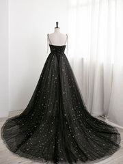 Bridesmaide Dresses Fall, Black A line Sweetheart Neck Tulle Long Prom Dresses, Black Formal Graduation Dresses