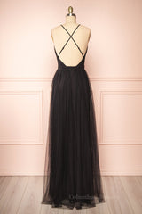 Bridesmaids Dresses Neutral, Black Plunging V Neck Crossed Back A-line Tulle Long Prom Dress