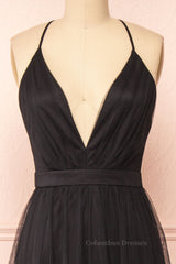 Bridesmaid Dress Neutral, Black Plunging V Neck Crossed Back A-line Tulle Long Prom Dress