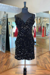 Wedding Dresses Summer, Black Sequin V-Neck Backless Short Homecoming Dress Wedding