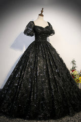 Long Dress, Black Tulle Sequins Long Prom Dress, A-Line Short Sleeve Formal Evening Gown