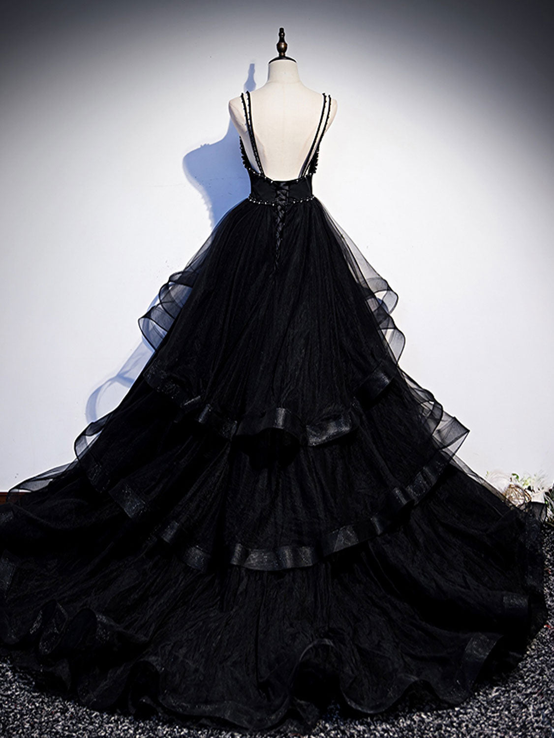 Hoco, Black V Neck Tulle Long Prom Dress, Black Formal Graduation Dress with Beading