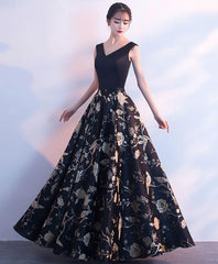 Wedding Invitations, Black V Neck Floral Pattern Long Prom Dress, Evening Dress