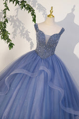 Formal Dress On Sale, Blue Beaded Tulle Long A-Line Prom Dress, Blue Formal Dress