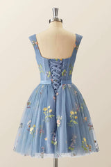 Prom Dresses Inspired, Blue Knee Length Tulle Party Dress, Cute Blue  Floral Tulle Homecoming Dress