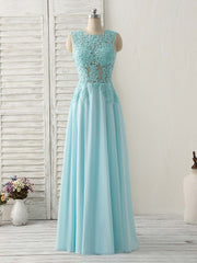 Party Dress Jeans, Blue Round Neck Lace Chiffon Long Prom Dress, Blue Long Formal Dresses