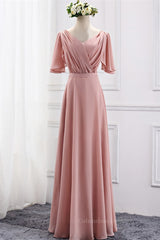 Prom Dressed Two Piece, Blush Pink Chiffon Long Mismatch Bridesmaid Dresses