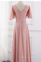 Prom Dress Two Pieces, Blush Pink Chiffon Long Mismatch Bridesmaid Dresses