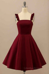 Party Dress Summer, Burgundy A-line Ruffle Straps Satin Mini Homecoming Dress