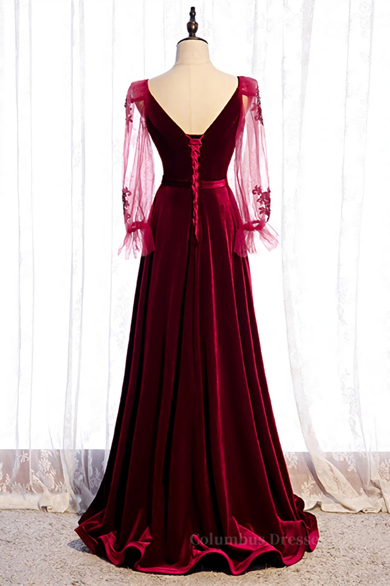 Evening Dress Long Sleeve, Burgundy A-line V Neck Long Sleeves Beaded Appliques Maxi Formal Dress