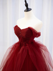 Long Dress, Burgundy Off Shoulder Tulle Lace Long Prom Dresses, Burgundy Formal Graduation Dresses