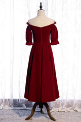 Navy Blue Dress, Burgundy Off-the-Shoulder Tea Length Formal Dress with Sleeves