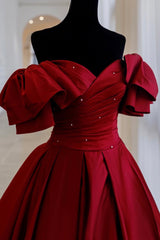 Winter Wedding, Burgundy Satin Long A Line Prom Dress,Elegant Evening Dress