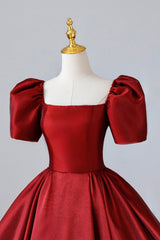 Bridesmaid Dresses Short, Burgundy Satin Long Prom Dress, Simple A-Line Short Sleeve Evening Dress