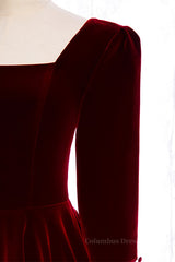 Evening Dress Elegant Classy, Burgundy Square Neck Long Sleeves Velvet Midi Formal Dress