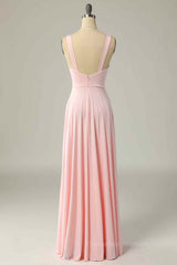 Bridesmaid Dresses Idea, Candy Pink A-line Illusion Lace Cap Sleeves Chiffon Long Prom Dress