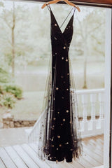 Wedding Dress Jewelry, Black Tulle Gold Star Wedding Dress, Fashion Prom Gown