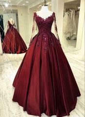 Wedding Dresses Sleeve Lace, Elegant Burgundy Wedding Dress, Lace Long Sleeves Ball Gown Sheer Neckline For Women Prom Dress, Evening Dress