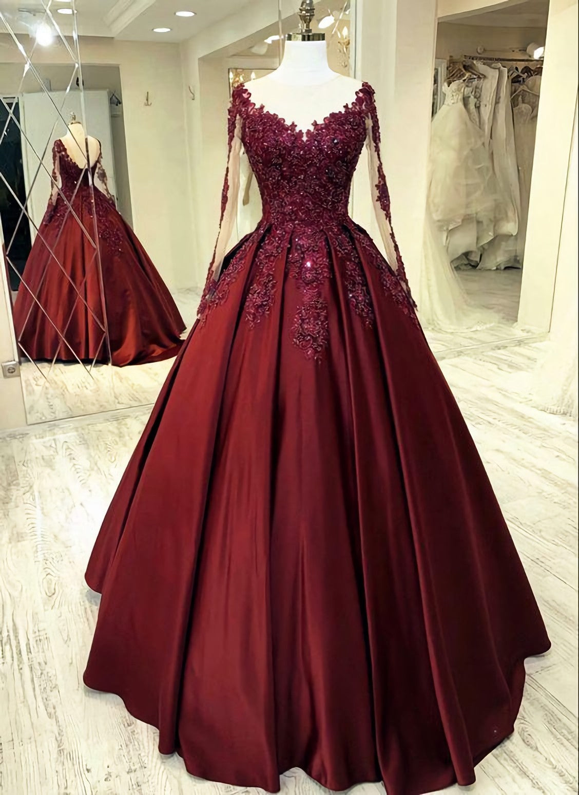 Wedding Dress Fabrics, Burgundy Wedding Dresses, Long Sleeves Prom Dress