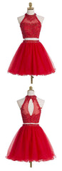 Homecoming Dresses Baby Blue, Two Piece Scoop Short Red Organza Beaded Homecoming Dress, With Appliques Sequins