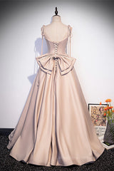 Prom Inspo, Champagne Beaded Bow Tie Straps Long Formal Dress with Bow Back