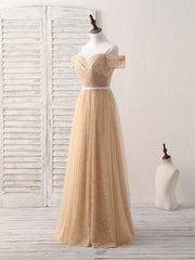 Boho Wedding, Champagne Tulle Long Bridesmaid Dress, Champagne Prom Dresses