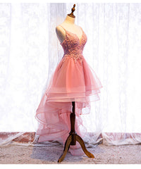 Prom Dresses With Pockets, Chic V-neckline Lace Applique Tulle High Low Straps Homecoming Dress, Tulle Short Prom Dress