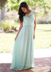 Prom Dresses Princess, Chiffon Long/Floor-Length A-Line/Princess Sleeveless Bateau Zipper Prom Dress With Appliqued