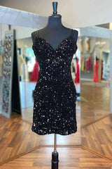 Dress Short, Cirss Cross Straps Black Sequined Homecoming Dress,Night Dress Party Short