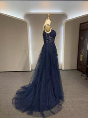 Bridesmaid Dresses Styles Long, Dark Navy Blue Long Lace Prom Dresses, Dark Navy Blue Long Lace Formal Evening Dresses