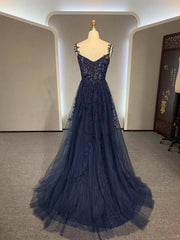 Bridesmaids Dress Styles Long, Dark Navy Blue Long Lace Prom Dresses, Dark Navy Blue Long Lace Formal Evening Dresses