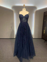 Bridesmaids Dresses For Beach Wedding, Dark Navy Blue Long Lace Prom Dresses, Dark Navy Blue Long Lace Formal Evening Dresses