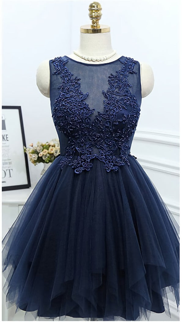 Bridesmaids Dresses Black, Dark Navy Jewel Sleeveless Homecoming Dresses,Appliques Beading A Line Tulle Semi Formal Dress