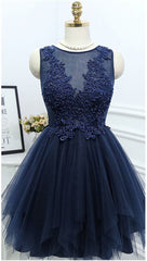 Bridesmaids Dresses Black, Dark Navy Jewel Sleeveless Homecoming Dresses,Appliques Beading A Line Tulle Semi Formal Dress