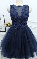 Bridesmaid Dresses Blushing Pink, Dark Navy Jewel Sleeveless Homecoming Dresses,Appliques Beading A Line Tulle Semi Formal Dress