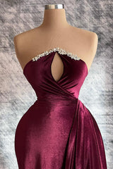 Bridesmaid Dresses Blush, Designer Burgundy Velvet Long Sleeves Prom Dress With Train,Gala Dresses Elegant