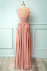 Bridesmaids Dresses Champagne, Dusty Pink A-line Illusion Lace Neck Pleated Chiffon Long Bridesmaid Dress