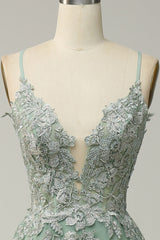 Bridesmaid Dresses Black, Dusty Sage Plunging V Neck Appliques Lace-Up A-line Long Prom Dress