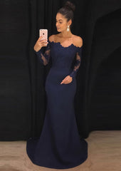 Bridesmaids Dresses Color Schemes, Elastic Satin Prom Dress Sheath/Column Off-The-Shoulder Court Train With Lace