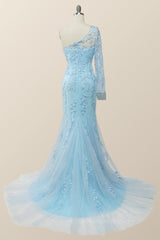 Prom Dresses 2058 Long Sleeve, Elegant One Sleeve Light Blue Lace Mermaid Long Formal Dress