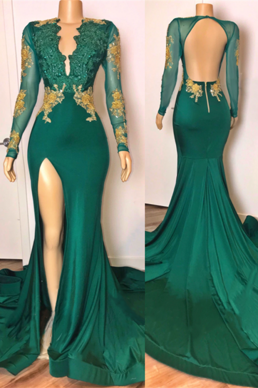 Evening Dress Shopping, open back sexy side slit green prom dresses long sleeves