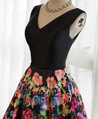 Bridesmaid Dresses Long Sleeves, Black V Neck Floral Patterns Long Prom Dress, Black Evening Dress