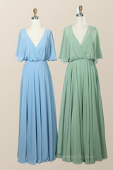 Evening Dress With Sleeve, Flare Sleeves Chiffon Long Bridesmaid Dress