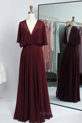 Evening Dress With Sleeves, Flare Sleeves Chiffon Long Bridesmaid Dress