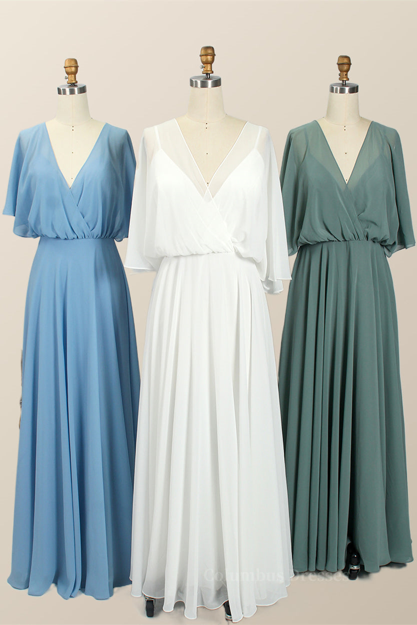 Evening Dresses Floral, Flare Sleeves Chiffon Long Bridesmaid Dress