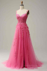 Classy Prom Dress, Fuchsia Dark Navy A-line Spaghetti Straps Tulle Lace Boning Long Prom Dress