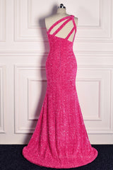 Prom Dresses Dark Blue, Fuchsia Mermaid One Shoulder Sparkly Long Formal Dress