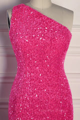 Prom Dress Navy, Fuchsia Mermaid One Shoulder Sparkly Long Formal Dress